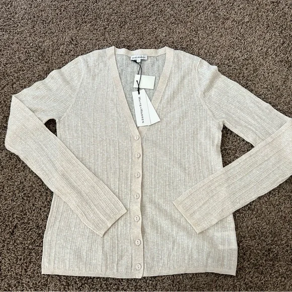 NWT White + Warren Linen Gauze Verigated Ribbed Cardi Top in Oatmeal Heather - Picture 4 of 13